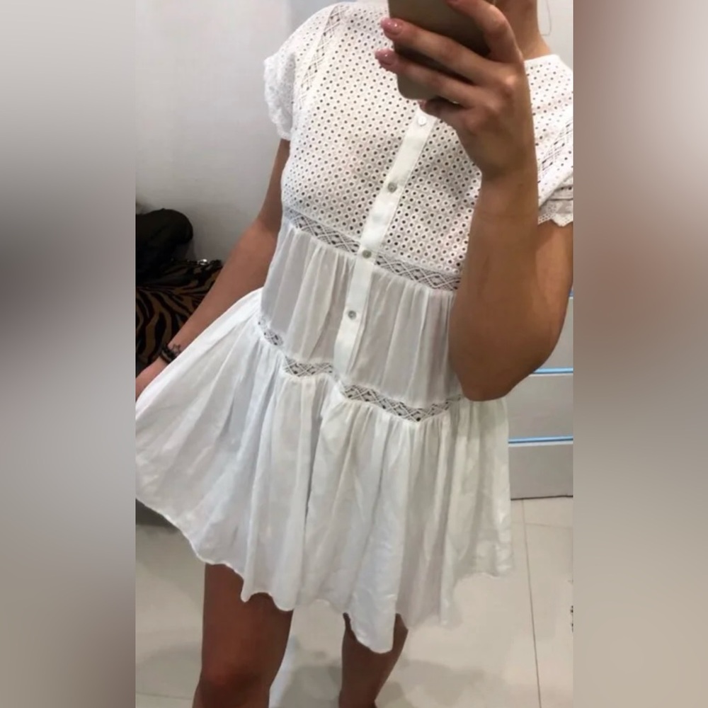 Zara White Eyelet Tiered Mini Dress
